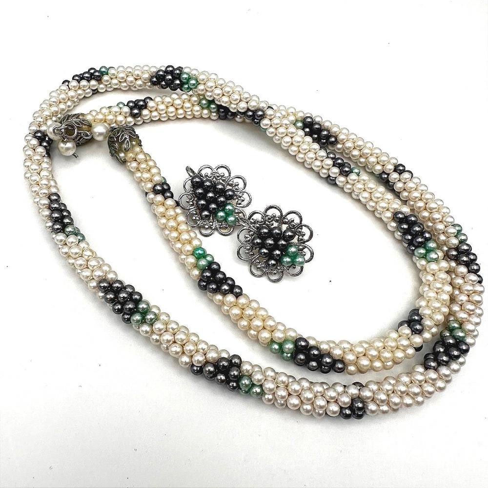 Vintage 80s Faux Pearl Twisted Rope Necklace & Earrings Set Silver Tone Women's